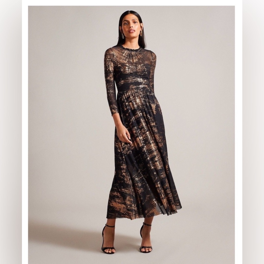 TED BAKER Iggiey Abstract Print Mesh Midaxi Party Dress Gold